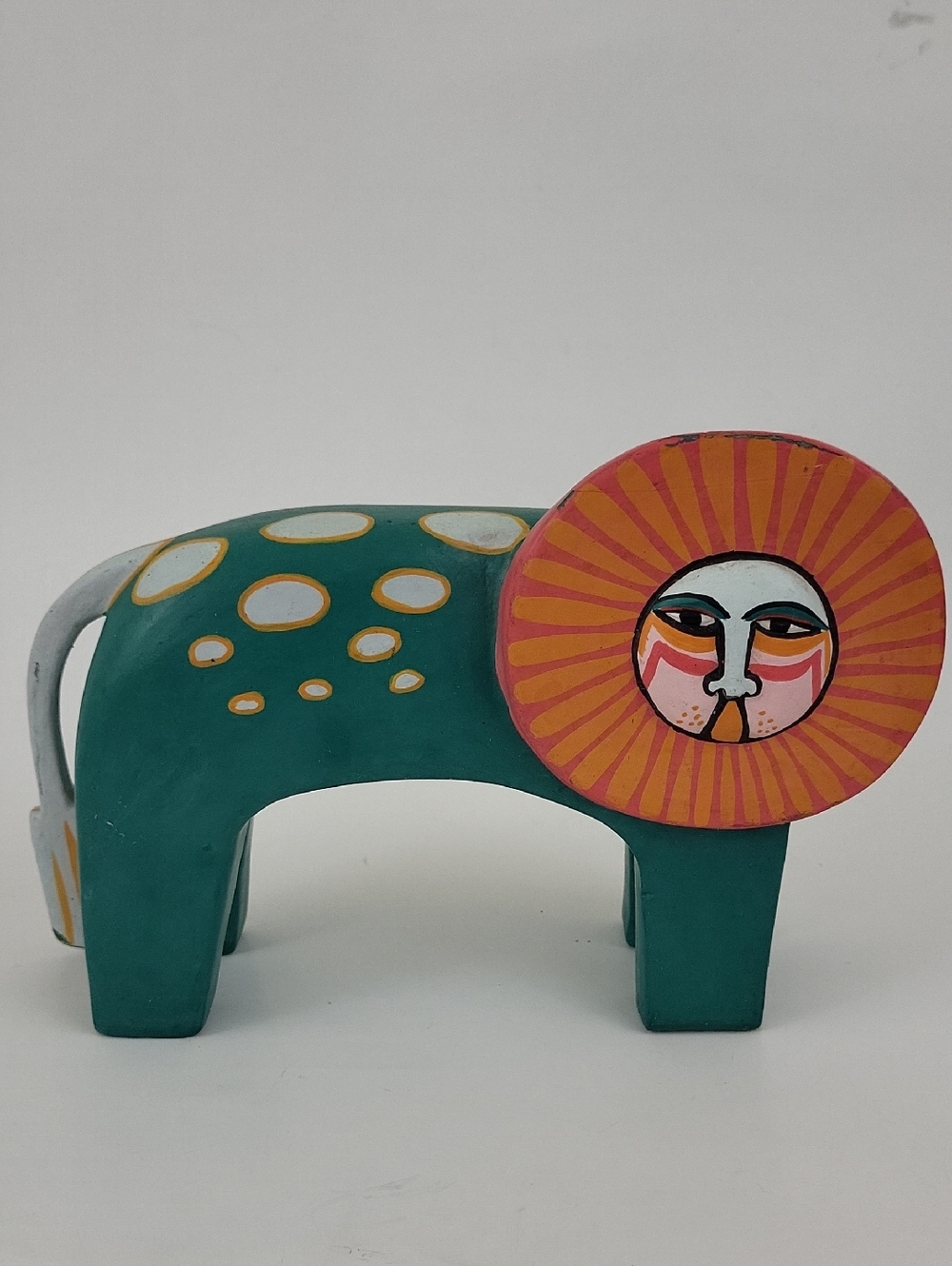 Folk Art Lion Sculpture Figurine Hand Painted Wood Laurel Burch style